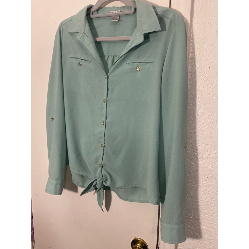 Alberto Makali Green Tie Front Roll Tab Sleeve Button Down Blouse Medium Y2K
